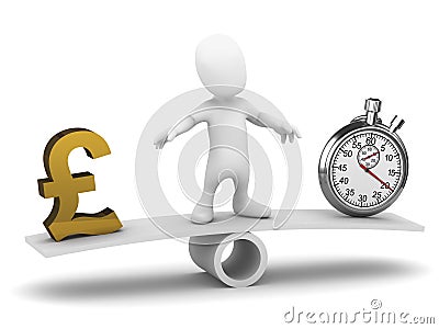 3d Little man balances time and money Stock Photo