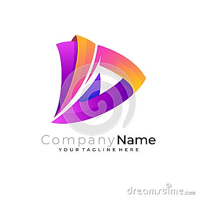 D logo with play design template, colorful icon, audio Vector Illustration