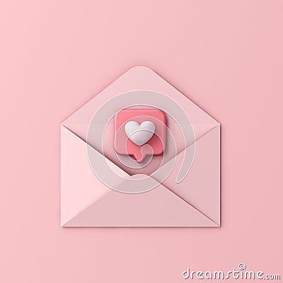 3d love letter concept heart like social media notification pin icon coming out from open pink envelope Stock Photo