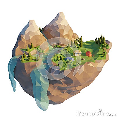 3d low poly camper van in forest near river and mountain hill. Tourist camping tent outdoor summer activities. 3d render Cartoon Illustration