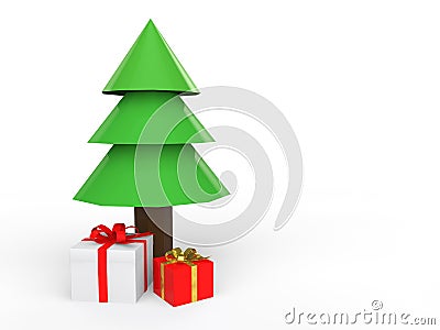3d low poly Christmas tree and gift boxes Stock Photo