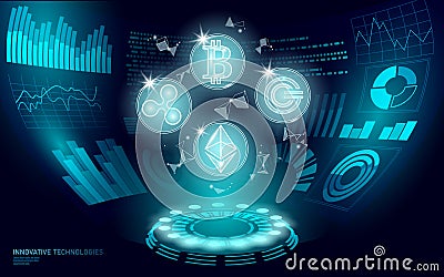 3D low poly digital cryptocurrency HUD display. Future web online payment. Big data information exchange technology Vector Illustration