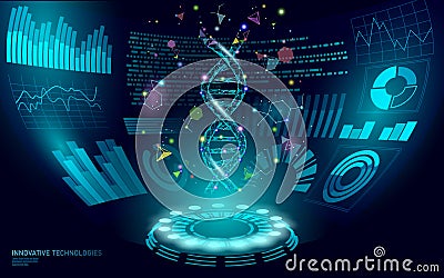 3D low poly gene therapy DNA HUD UI display. Future polygonal triangle point line healthy Blue abstract medicine genome Vector Illustration