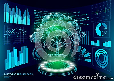 3D low poly green plant tree HUD UI display. Future polygonal triangle point line ecology problems solution abstract Vector Illustration