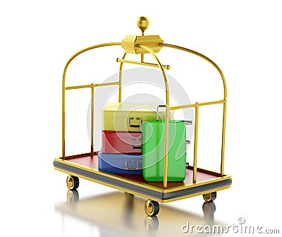 3d Luggage cart with colorful suitcases. Stock Photo