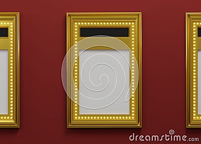 3d luxury golden movie poster frame that hanging on red wall background with free space for mock up Stock Photo