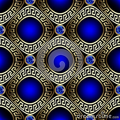 3d luxury greek vector seamless pattern. Ornate jewelry glowing blue background. Surface round sapphires gemstones Vector Illustration