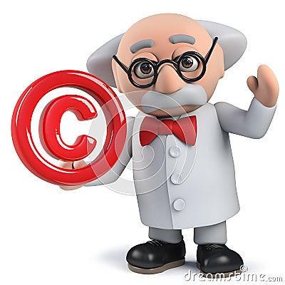 3d mad scientist character holding a copyright symbol Stock Photo