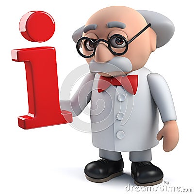 3d mad scientist character holding an information symbol Stock Photo