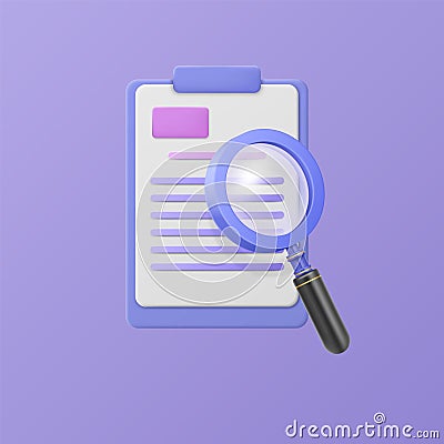 3D magnifying glass and document. Research list. Business data check. Text content in database. Office page and Vector Illustration