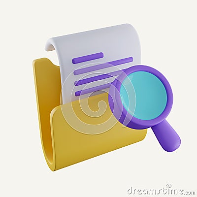 3d Magnifying glass and yellow folder with files. concept of document search. search file storage database via magnifier Cartoon Illustration