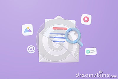 3d mail envelope icon with magnifying image and video files in message. Minimal Searching email letter with document paper icon. Stock Photo