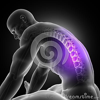 3D male figure leaning over with spine highlighted Stock Photo