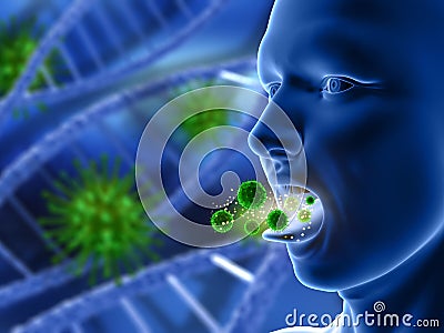 3D male figure with mouth open with virus cells Stock Photo