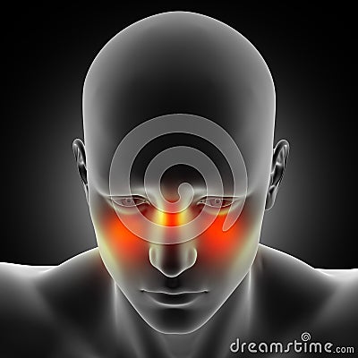 3D male medical figure with sinus pain highlighted Stock Photo