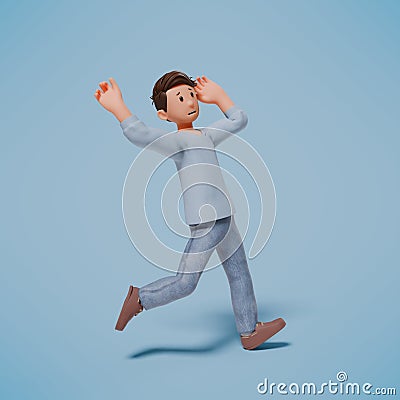 3d man character slipped while walking on a blue background Stock Photo