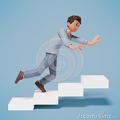 3d man character slipped while climbing the stairs with a blue background Stock Photo