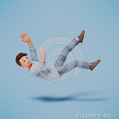 3d man character slipped and fell backwards while walking on a blue background Stock Photo