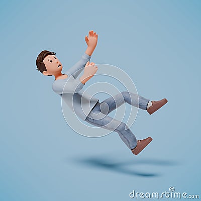 3d man character slipped and fell backwards while walking on a blue background Stock Photo