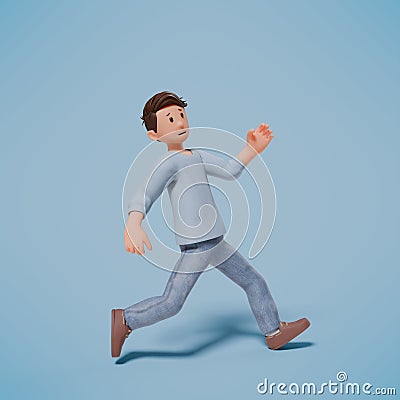 3d man character slipped while walking with a blue background Stock Photo