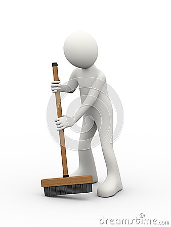 3d man cleaning with broom deck stick brush Cartoon Illustration
