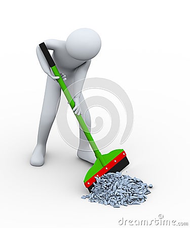 3d man cleaning trash with wiper Cartoon Illustration