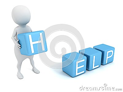 3d man with concept HELP text blue toy blocks Stock Photo