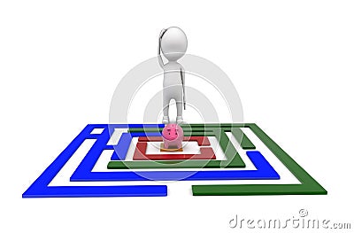 3d man confused / thinking about to get piggy bank through puzzle route concept Stock Photo