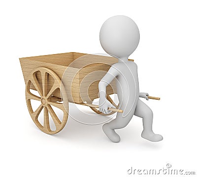 3D man with empty wooden cart Stock Photo