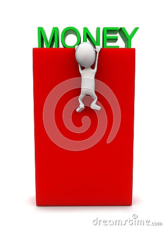 3d man hanging at the edge of ther box next to money text concept Stock Photo
