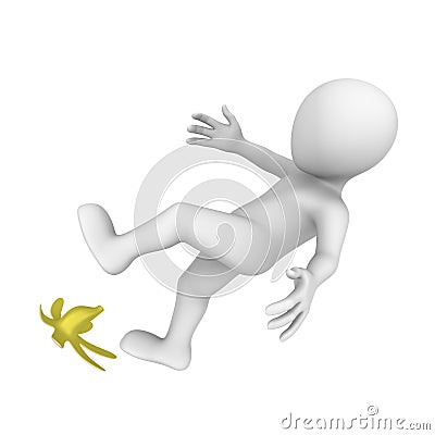 3d man has slipped on banana. Cartoon Illustration