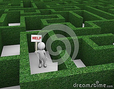 3d man in hedge maze calling for help Cartoon Illustration