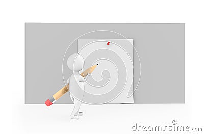 3d man holding pencil by both of his hands and is about to draw or write on a piece of paper concept in white isolated background Stock Photo