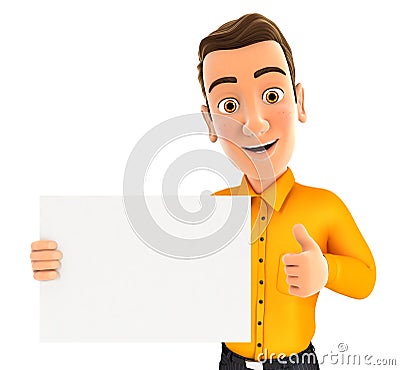 3d man holding placard with thumb up Cartoon Illustration