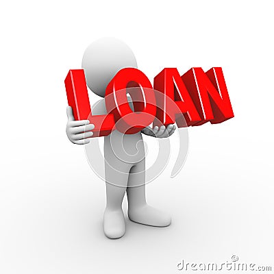 3d man holding word loan Cartoon Illustration