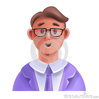 3D man icon, vector male character face, cartoon business person avatar, glasses cheerful boy. Vector Illustration