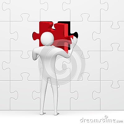 ï»¿3d man inserting red missing piece in grey puzzle Stock Photo