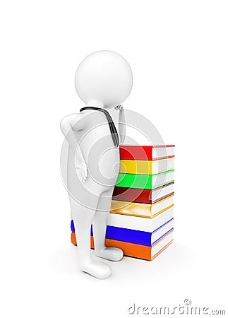 3d man leaning over a pile of books concept Stock Photo