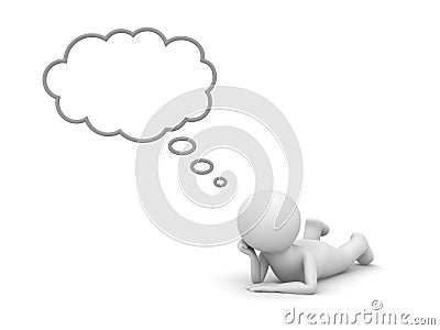 3d man lying on his stomach and thinking with blank thought bubble Stock Photo