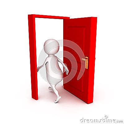 3d man make right choice walk through red door Cartoon Illustration