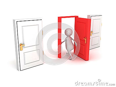 3d man make right choice walk through red door Cartoon Illustration