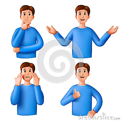 3D man. Person emoji avatar. Sad or happy emotion expression. Surprise cartoon face. Businessman icon render. Hand Vector Illustration