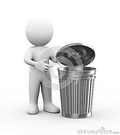 3d man pointing to trash can bin Cartoon Illustration