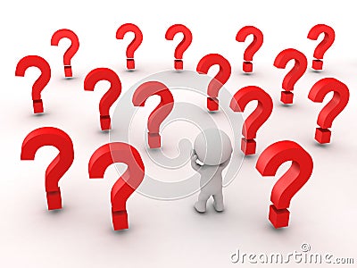 3D Man with Question Symbols Stock Photo