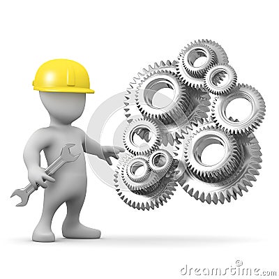 3d Man repairs the geared machine Stock Photo