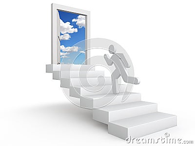 3d man running on stairs towards open door in the sky Stock Photo