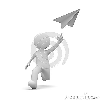 3d man running and throwing paper plane in the air concept Stock Photo