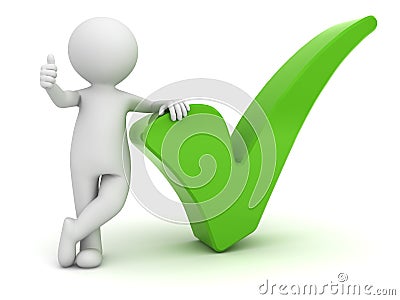 3d man showing thumbs up with green check mark over white Stock Photo