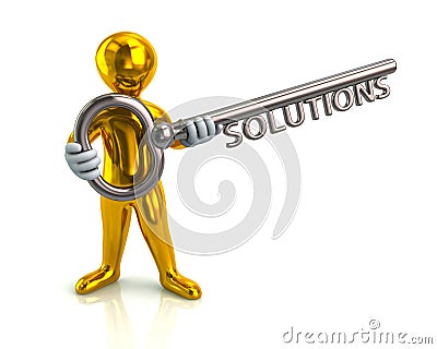 3d man and silver key with word solutions Stock Photo