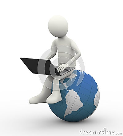 3d man sitting on globe with laptop Cartoon Illustration